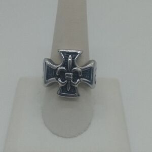 316 Stainless Steel Silver Fleur-de-Lis Cross Men's Ring No Tarnish